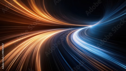 An abstract representation of light streaks in orange and blue, symbolizing motion and energy, ideal for technology, speed, or futuristic themes in branding, websites, or digital designs,