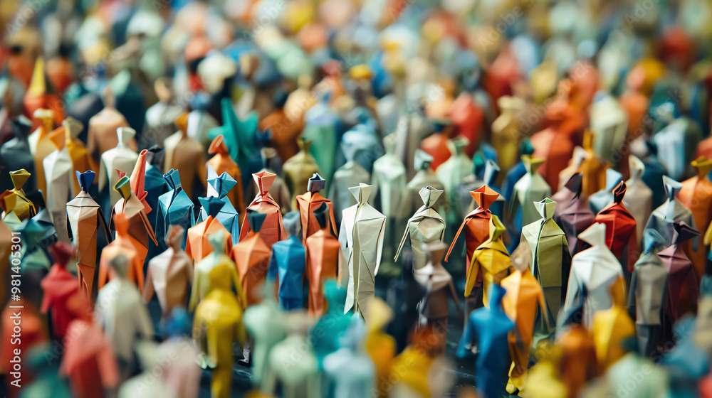 Fototapeta premium Large crowd of diverse people depicted in an origami style inside a town