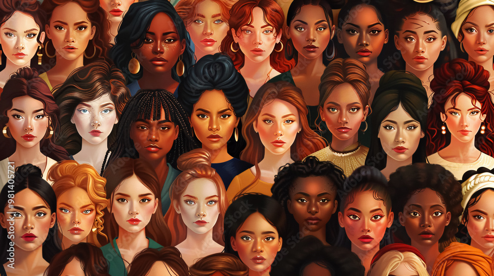Large diversity group of fictional women people of different ethnicities Large diversity group of fictional women people of different ethnicities