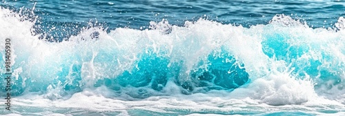 Bright turquoise waves crash vigorously onto a sandy shore, reflecting the clear sky and creating a picturesque coastal view