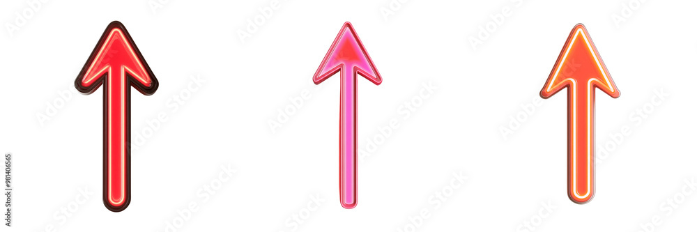 Set of a dynamic neon red arrow pointing upwards, casting a faint shadow isolated on transparent background Set of a dynamic neon red arrow pointing upwards, casting a faint shadow isolated on transparent background