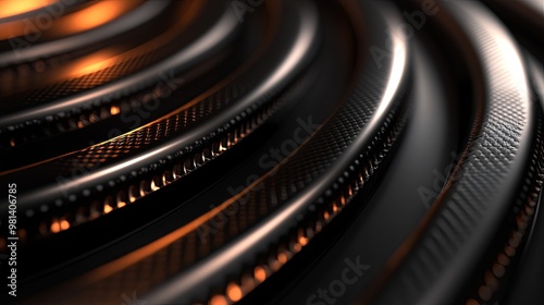 A close-up view of textured, metallic rings with warm lighting, creating an abstract and dynamic visual effect.