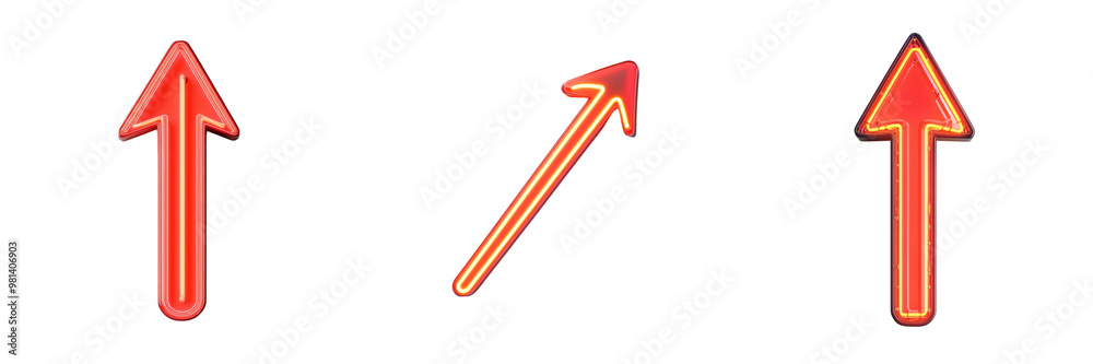 Set of a dynamic neon red arrow pointing upwards, casting a faint shadow isolated on transparent background Set of a dynamic neon red arrow pointing upwards, casting a faint shadow isolated on transparent background