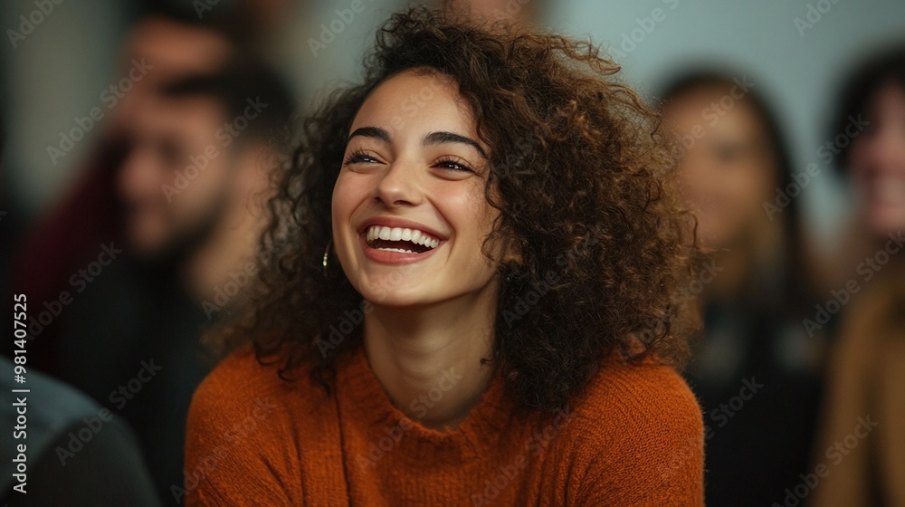 Fototapeta premium lively gathering featuring a woman laughing in front of a group ideal for capturing the essence of cheerful moments and social interaction