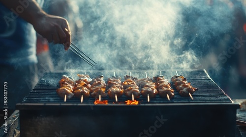 Grilling Delicious Kabobs on a Smoky Barbecue Outdoors photo