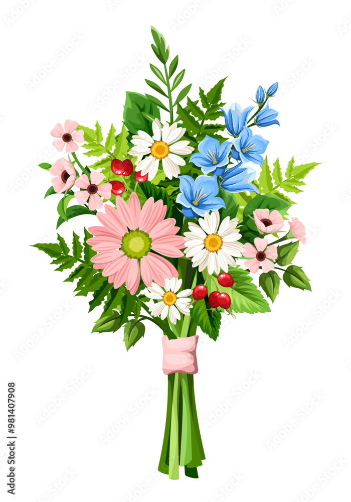 Obraz premium Bouquet of pink, blue, and white wild flowers and green leaves isolated on a white background. Vector illustration