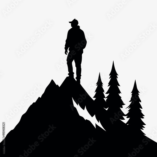 a black silhouette of a person standing on top of a mountain. The person is facing away from the camera and appears to be looking towards the right side of the image