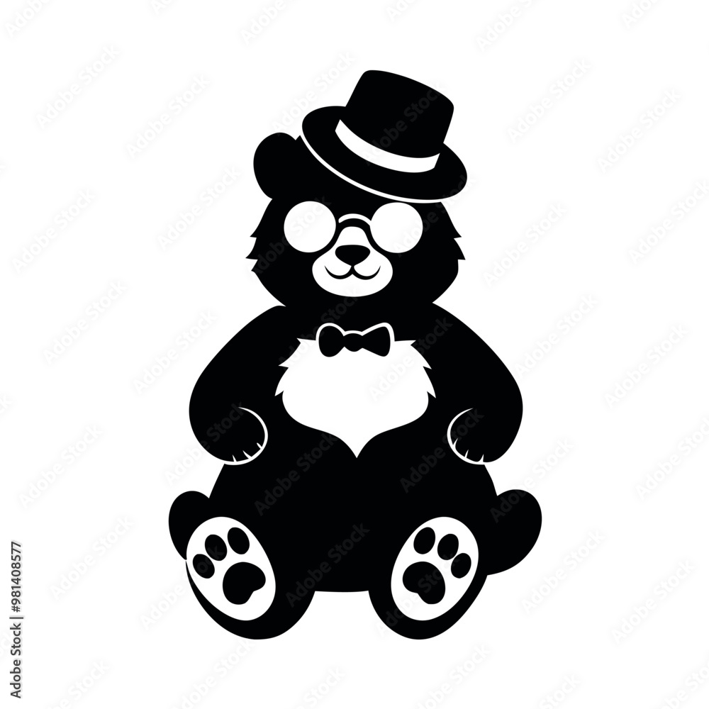 Naklejka premium a black and white illustration of a teddy bear sitting on its hind legs. The bear is wearing a top hat and glasses, and has a pair of paw prints on its feet 