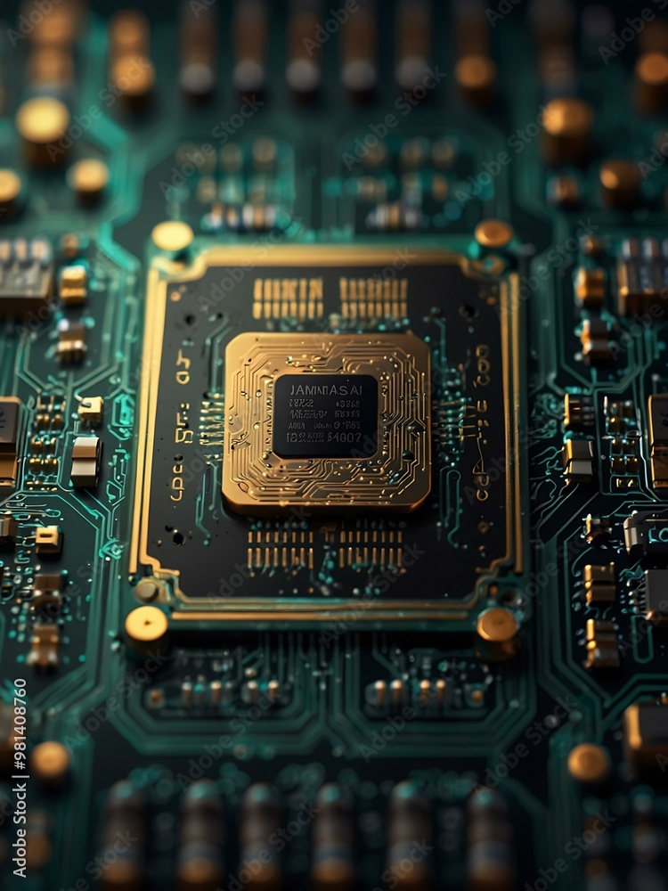 Glowing AI microchip on a futuristic circuit board, symbolizing AI complexity. Glowing AI microchip on a futuristic circuit board, symbolizing AI complexity.