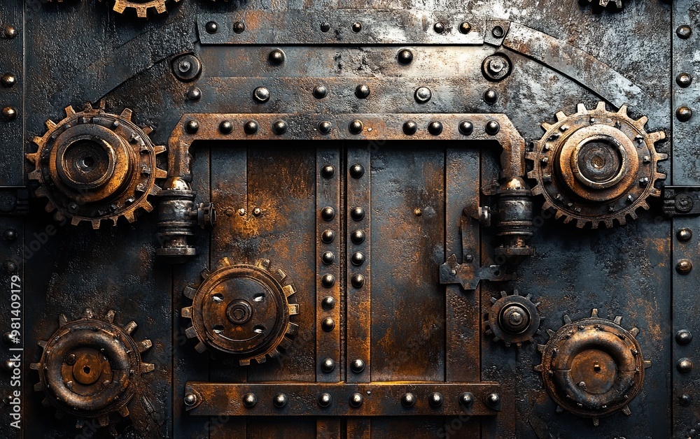 A metallic door adorned with gears and rivets, suggesting a steampunk aesthetic and industrial design. A metallic door adorned with gears and rivets, suggesting a steampunk aesthetic and industrial design.