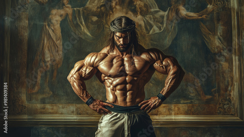A muscular depiction of Jesus in a bodybuilder pose, standing before an ancient mural
