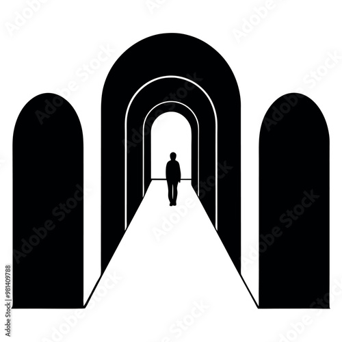 a long, arched corridor with a person walking in the center. The corridor is made up of multiple arches on either side