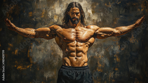 A muscular depiction of Jesus in a bodybuilder pose, standing before an ancient mural