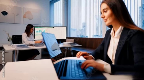 Professional female employee or a businesswoman using a laptop in a modern office . customer service, hands writing laptop, person on computer home, people and laptop, asian interior