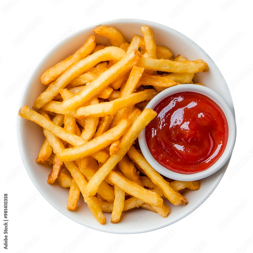 Crispy French Fries with Ketchup in White Bowl Isolated on White Background for Snack and Fast Food Concepts, Cutout, Isolated on White Background Crispy French Fries with Ketchup in White Bowl Isolated on White Background for Snack and Fast Food Concepts, Cutout, Isolated on White Background