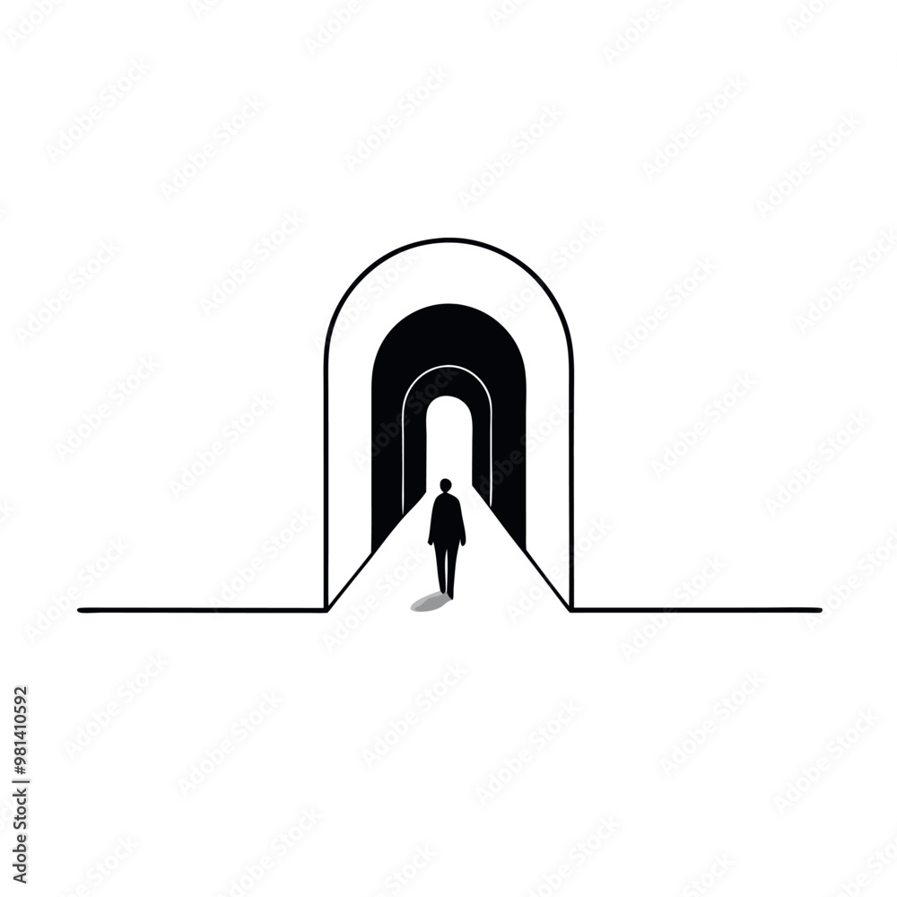 a long, arched corridor with a person walking in the center. The corridor is made up of multiple arches on either side