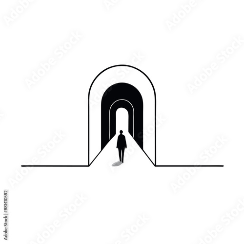Obraz na płótnie a long, arched corridor with a person walking in the center. The corridor is made up of multiple arches on either side w salonie