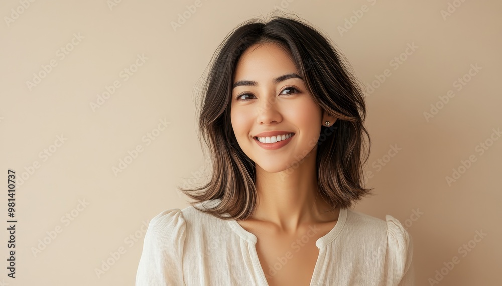 minimalistic portrait of smiling young woman wearing white blouse on beige color background, natural beauty minimalistic portrait of smiling young woman wearing white blouse on beige color background, natural beauty