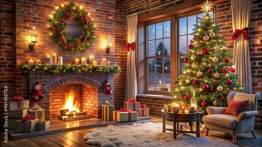 A cozy Christmas living room with a decorated tree and glowing fireplace. Wrapped presents, lit candles, and a large wreath create a festive atmosphere. Warm, rustic decor with a snowy window scene ou A cozy Christmas living room with a decorated tree and glowing fireplace. Wrapped presents, lit candles, and a large wreath create a festive atmosphere. Warm, rustic decor with a snowy window scene ou