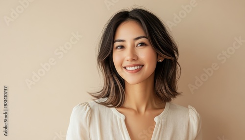 minimalistic portrait of smiling young woman wearing white blouse on beige color background, natural beauty