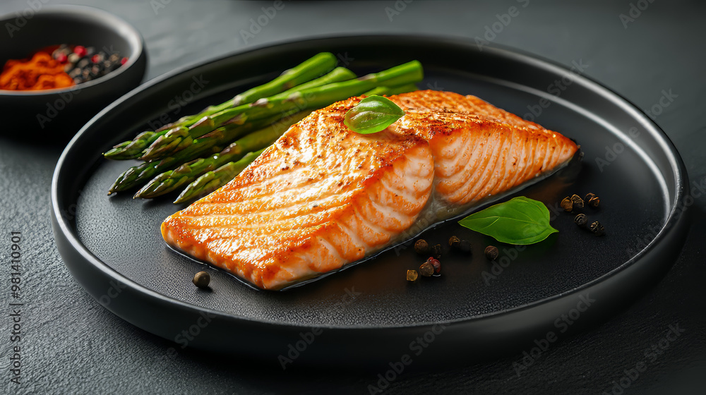 A delicious salmon steak, perfectly cooked, sits on a black plate with roasted asparagus and spices. There's plenty of room for you to add your own message. A delicious salmon steak, perfectly cooked, sits on a black plate with roasted asparagus and spices. There's plenty of room for you to add your own message.