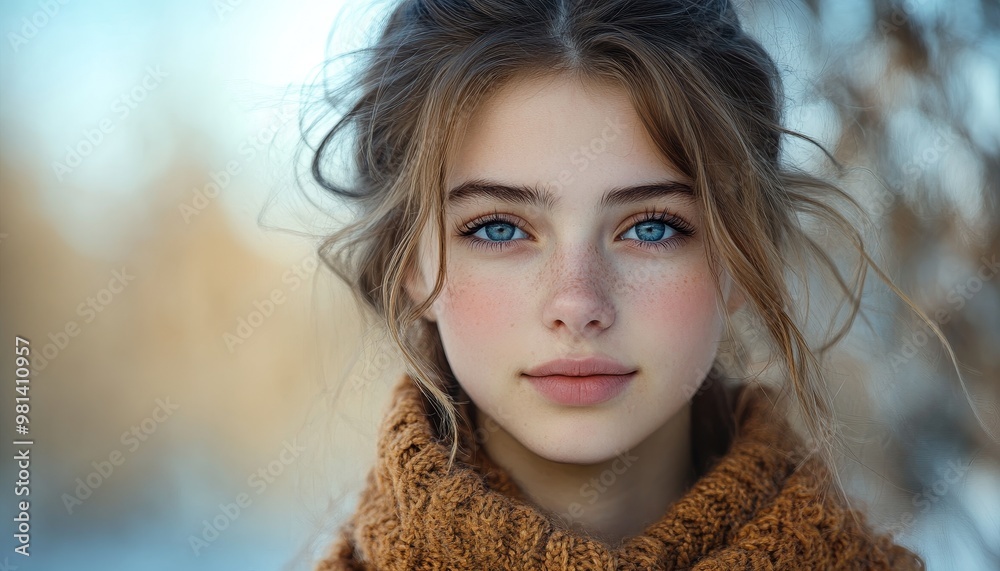 minimalistic portrait of caucasian young girl or teenager with blue eyes in brown sweater minimalistic portrait of caucasian young girl or teenager with blue eyes in brown sweater