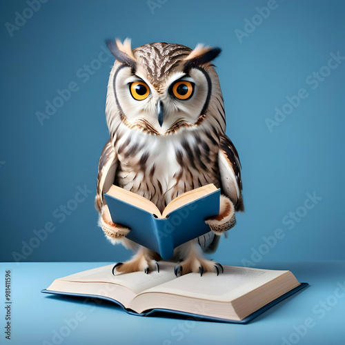 Wallpaper Mural Wise Owl Reading a Book Illustration Intelligent Owl in Front of Blue Background with Copy Space – Perfect for Educational, Inspirational, and Scholarly-Themed Art for Home or Office Decor Torontodigital.ca