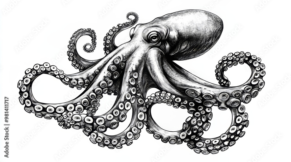 Obraz premium A detailed drawing of an octopus tentacle, perfect for a seafood-themed t-shirt design. The illustration is done in black and white, giving it a vintage, engraved look.