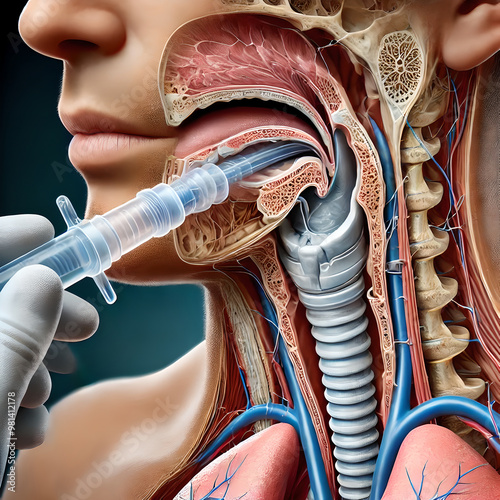 3D Model tracheal anatomy: tracheal intubation, where a breathing tube is inserted into the trachea to maintain an open airway. tube passing through the mouth and larynx into the trachea.