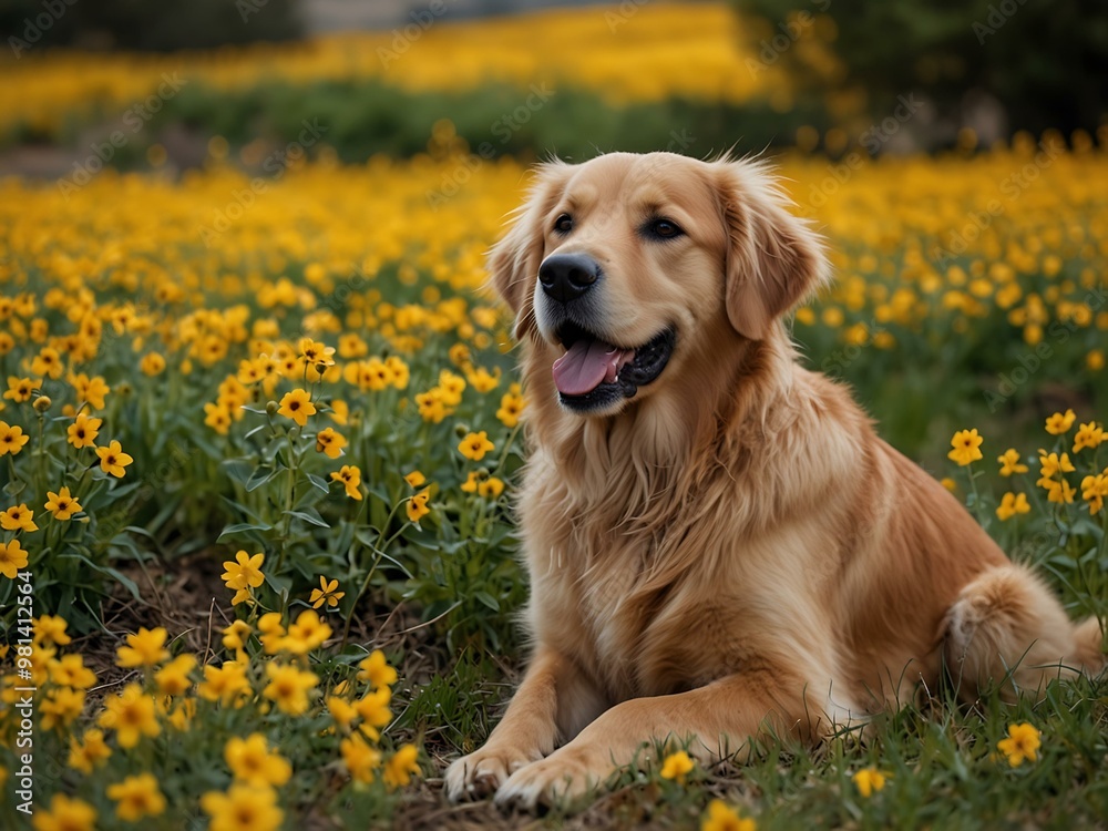 Golden retriever sitting among bright yellow flowers.