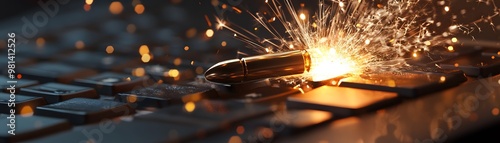 A bullet impacts a surface, creating a bright spark and showcasing the tension of a dramatic moment in storytelling. photo