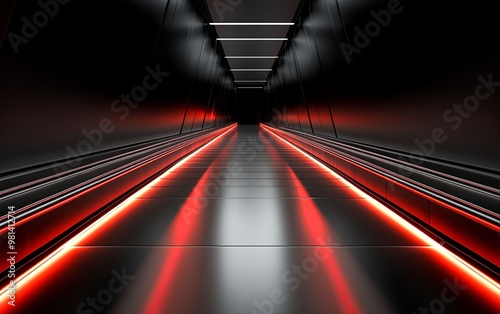 A futuristic, dark corridor illuminated by glowing red lines, creating a sci-fi atmosphere.