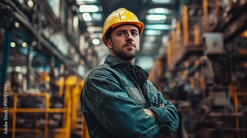 factory worker at a jobsite managing heavy-duty machinery perfect for illustrating industrial work, skilled labor, and the factory production process