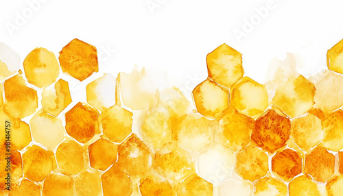 Fototapeta Naklejka Na Ścianę i Meble -  Background, honeycomb border. yellow honeycomb watercolor hand drawing. isolated on white background