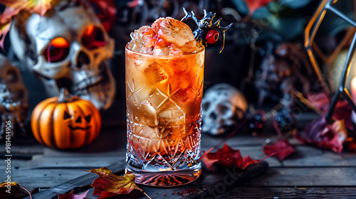 Orange Halloween Cocktail with orange zest or pumpkin on a wooden table with pumpkins in the background