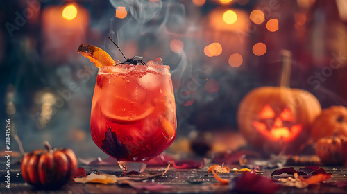 Orange Halloween Cocktail with orange zest or pumpkin on a wooden table with pumpkins in the background