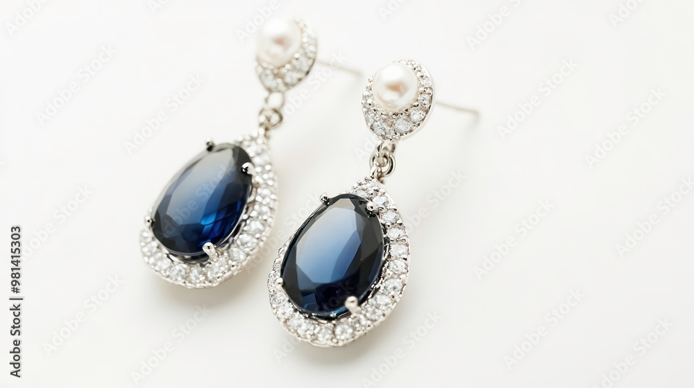 Close-up of a pair of elegant dangle earrings with blue gemstones, pearls, and a diamond-like setting. Close-up of a pair of elegant dangle earrings with blue gemstones, pearls, and a diamond-like setting.