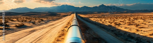 A vast desert landscape featuring a long pipeline stretching towards distant mountains under a dramatic sky. photo