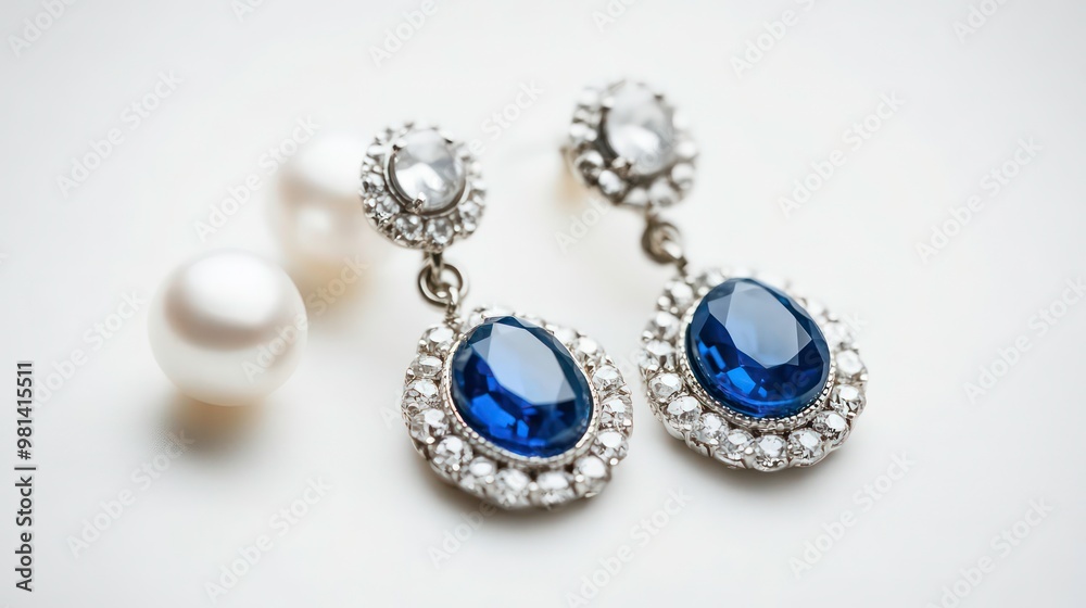 Close-up of elegant sapphire earrings with a pearl in the background. Close-up of elegant sapphire earrings with a pearl in the background.
