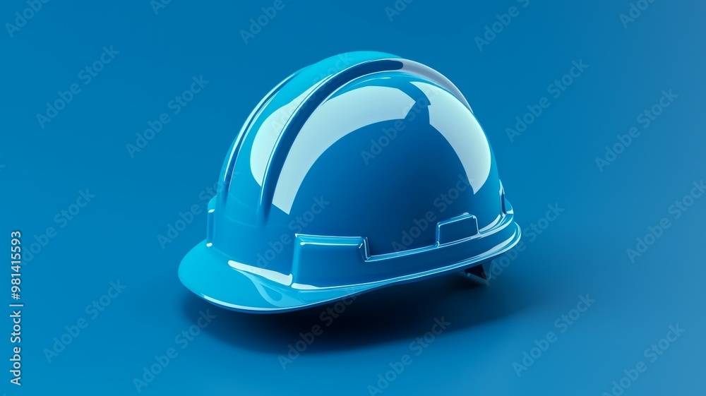 A blue hard hat is on a blue background A blue hard hat is on a blue background