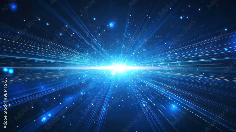 Abstract background with blue lights and rays, glowing particles on dark blue. Abstract background with blue lights and rays, glowing particles on dark blue.