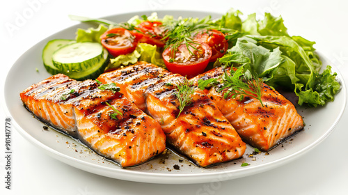 A plate of grilled salmon fillets, served with a side salad. It's a vegetarian BBQ dinner, photographed against a white backdrop.