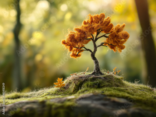 An AI-generated scene of a small bonsai-like tree with orange foliage, capturing the essence of autumn in a peaceful, forested environment.  photo