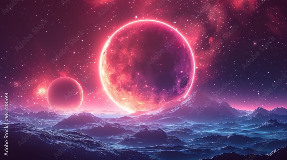 Dark retro futuristic art neon abstraction background cosmos new art 3d starry sky glowing galaxy and planets blue circles, vector illustrations Dark retro futuristic art neon abstraction background cosmos new art 3d starry sky glowing galaxy and planets blue circles, vector illustrations