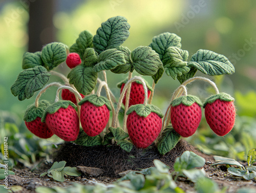 An AI-generated image of strawberries crafted from felt, growing on a miniature plant. The bright red berries pop against the green leaves, creating a cheerful and artistic scene. photo