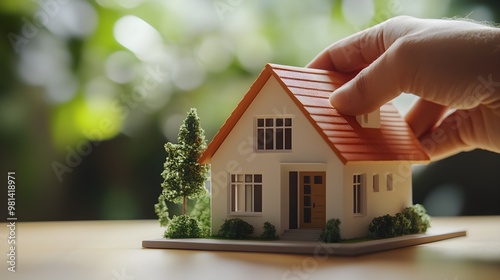 Hand placing house model on wooden table image
