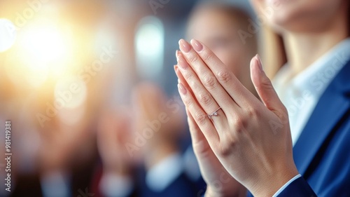 A woman is holding her hands together in a prayerful gesture