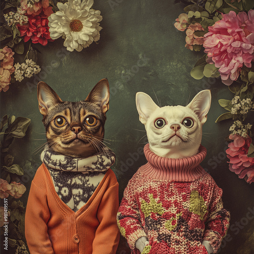 An AI-generated whimsical portrait of a dog and cat dressed in vintage floral suits, complete with oversized glasses and flower crowns.  photo