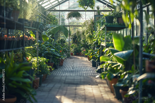 Tropical plants and foliage in botanical greenhouse