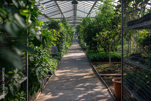 Sunlit botanical garden greenhouse